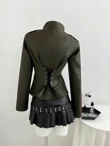 Elamini Y2K Double Breasted Moto Jacket - Black - View 2