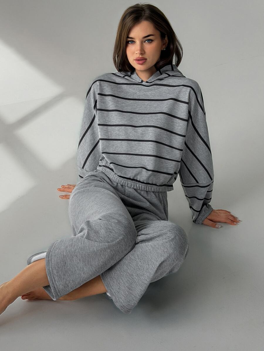 DAZY Women's Striped Long Sleeve Hooded Top And Pants Casual Pajama Set - Grey - View 1
