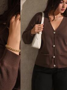 Juhart Plus Size Women Solid Color V-Neck Long Sleeve Single-Breasted Knit Cardigan - Coffee Brown - View 7