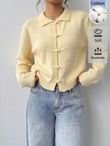 SHEIN BASICS Plus Size Women's Solid Color Long Sleeve Button-Front Knit Cardigan, Autumn/Winter - Yellow - View 4