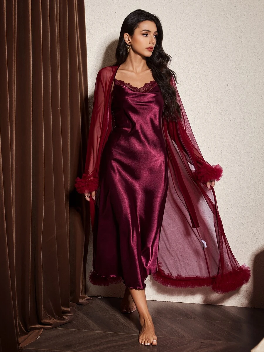 Slumberist Purple Mesh Robe With Faux Silk Long Nightgown, Lace Trim ...