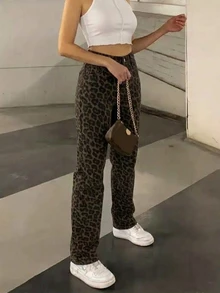 Flexra 春秋女款高腰豹紋 Y2K 美式復古辣妹風 遮臀顯瘦 百搭直筒長褲 - 棕色 - 查看 3