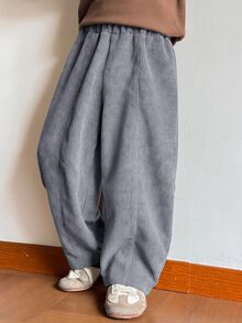 SHEIN 兒童小男孩休閒燈芯絨寬鬆長褲 - 灰色 - 查看 5