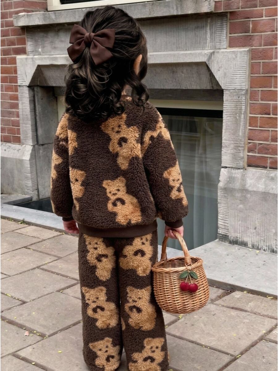 SHEIN 女童休閒卡通熊圖案棕色泰迪熊抓絨套裝,秋冬款,棕色上衣,聖誕,拉鍊 - 棕色 - 查看 1
