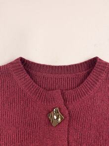 SHEIN 少女女孩寬鬆休閒金屬鈕扣圓領前開襟素色米色優雅秋季針織衫 - 酒紅色 - 查看 10