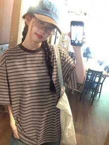 DAZY 對比色條紋上衣休閒日常韓系風格春秋女款T恤 - 卡其色 - 查看 5