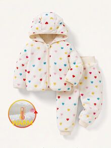 SHEIN Baby Girl Knit Solid Color Faux Fur Colorful Heart Pattern Hooded Casual Jacket And Long Pants 2 Pieces Set - Multicolor - View 4