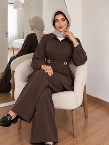 Solavon Plus Size Women's 3D Floral Decor Single-Breasted Shirt And Wide Leg Pants 2 Pieces Set - Coffee Brown - View 5