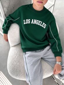 SHEIN 2件組青少年男孩返校套裝，深綠色圓領字母印花刷毛衛衣 + 混色灰長褲，秋季街頭校園風，柔軟面料休閒中性服飾，適合日常、上學、運動等場合，刷毛衛衣套裝 - 墨綠色 - 查看 1
