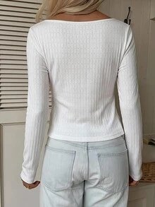 CovetEZ 95% Cotton White Jacquard Knit Women's T-Shirt, Suitable For Autumn/Winter, Versatile Base Layer - White - View 5