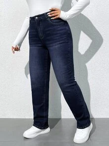 SHEIN ICON Plus Size High Waist Water Wash Jeans - Dark Wash - View 5