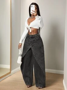 Slaydiva Women's Asymmetric Design Wide Leg Curved Hem Casual Denim Jeans - Blue - View 5