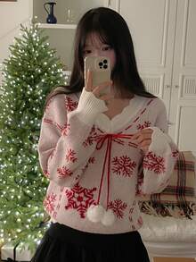 DAZY Women's V-Neck Pullover Snowflake Pattern Pom Pom Decor Casual Christmas Sweater - Beige - View 2