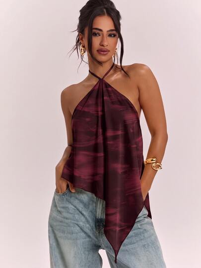 SHEIN BAE Top sin mangas con cuello halter para mujer, estilo casual minimalista bohemio elegante romántico vintage, estampado abstracto de teñido anudado en rojo, ropa de otoño para mujer, conjunto de otoño, conjunto para ir al trabajo, top básico, conjunto para salir, conjunto para el aeropuerto