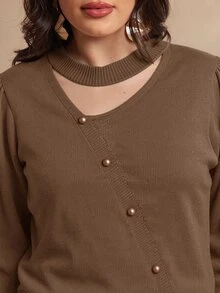 Juhart Plus Size Women Solid Color Asymmetric Cutout Design Long Sleeve Button Detail Pullover Sweater - Brown - View 5