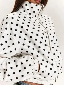 SHEIN BAE Women's Casual Street White Polka Dot Frog Button Design Zipper Tapered Jacket - White - View 5