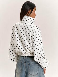 SHEIN BAE Women's Casual Street White Polka Dot Frog Button Design Zipper Tapered Jacket - White - View 2