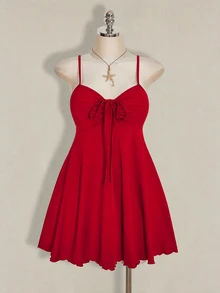 SHEIN ICON 女款大尺碼春夏復古可愛商務休閒性感簡約日常度假通勤時尚Y2K前胸抓褶抹胸黑色洋裝 - 紅色 - 查看 4