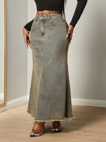 Slaydiva Women's Outdoor All-Season Long Frayed Distressed Vintage Retro Blue Denim Skirt - Medium Wash - View 7