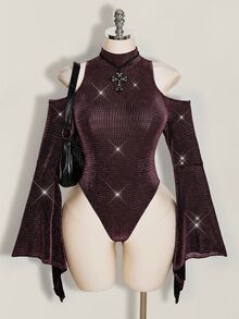 SHEIN ICON Plus Size Stand Collar Exaggerated Flare Sleeve Sheer Shiny Bodysuit, Music Festival Outfit, Party Winter - Hot Pink - View 1