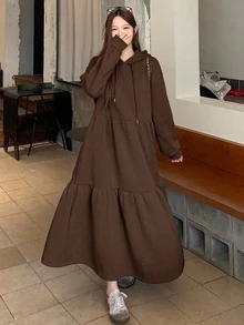 DAZY 女款韓式連帽長袖休閒中長洋裝 秋季 - 咖啡 - 查看 7
