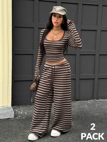 Coolane 女款秋冬街頭風休閒Y2K運動日常穿搭復古圖案條紋紋理方領長袖T恤與寬鬆長褲2件組 - 棕色 - 查看 3