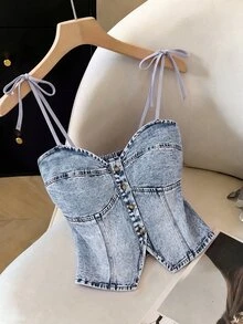 GlowEve Plus Size Women's Fashion Button Denim Top - Light Wash - View 3