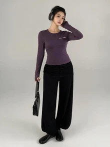 DAZY Women's All-Season Purple Letter Print Fitted Cropped Thumbhole Long Sleeve Fitness Base Layer Casual Streetwear Sports T-Shirt - Purple - View 4