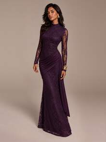 COSMINA Women's Long Sleeve Dress, Autumn/Winter Lace Patchwork Satin Pleated Asymmetric Design, Suitable For Party, Gathering, Dinner, Date, Birthday, Valentine's Day - Bold Plum - View 7