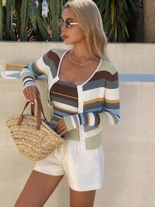 DAZY Women's Colorblock Camisole Top And Cardigan Knit 2 Pieces Set - Green - View 4
