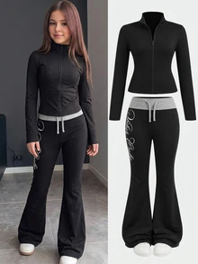 SHEIN Pakaian Anak Perempuan Remaja Musim Gugur/Dingin: Jaket Rajut Kasual Sehari-hari dengan Motif Huruf Warna Hitam Polos dan Celana Panjang Model Flare dengan Potongan Warna di Pinggang, Cocok untuk Kembali ke Sekolah. - Hitam - View 11