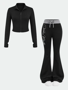 SHEIN Pakaian Anak Perempuan Remaja Musim Gugur/Dingin: Jaket Rajut Kasual Sehari-hari dengan Motif Huruf Warna Hitam Polos dan Celana Panjang Model Flare dengan Potongan Warna di Pinggang, Cocok untuk Kembali ke Sekolah. - Hitam - View 2