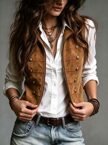 LUMIGAL Women's Vintage Double-Breasted Zipper Suede Vest - Brown - View 5