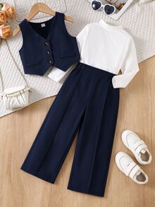 SHEIN 女童 4-7 歲 3 件套背心長袖上衣寬腿褲套裝，春季秋季配套穿搭，適合學校派對生日正式場合婚禮，白色棕色 - 寶藍色 - 查看 3