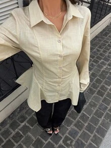 Siren Gaze 100% Pure Cotton Asymmetrical Waist Tie Back Elegant Ruffle Blouse, Fitted Shirt - Apricot - View 4