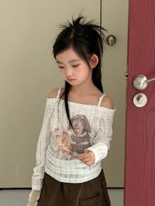 Dazy Kids Tween Girl) Long Sleeve Puppy Pattern Fitted Autumn Inner Layer T-Shirt - White - View 8