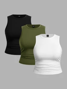 SHEIN CURVE+ 3件組大尺碼純色休閒圓領細肩帶背心上衣套裝，2026秋冬 22W - 彩色 - 查看 12