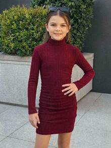 SHEIN Tween Girls Tween Girl Tween Girl Kids Red High Neck Ribbed Snug Fit Dress, Soft Comfortable, Versatile For Holiday Party, Dance, Casual Wear - Red - View 3