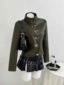 Elamini Y2K Double Breasted Moto Jacket - Black - View 6