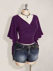 SHEIN ICON 女款大尺碼黑色夏季哥德風性感夜店約會派對夜店 T-shirt，復古優雅 V 領荷葉袖修身 Y2K 風格 - 紫色 - 查看 7