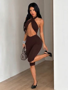 SHEIN ICON 女款純色掛脖綁帶性感休閒連身短褲 - 棕色 - 查看 4