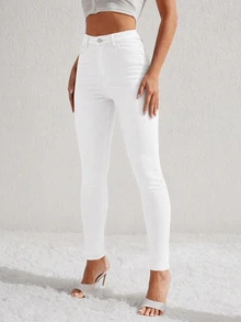 SHEIN Essnce Women's Fashion Slim Fit Button Pocket Denim Jeans - White - View 4