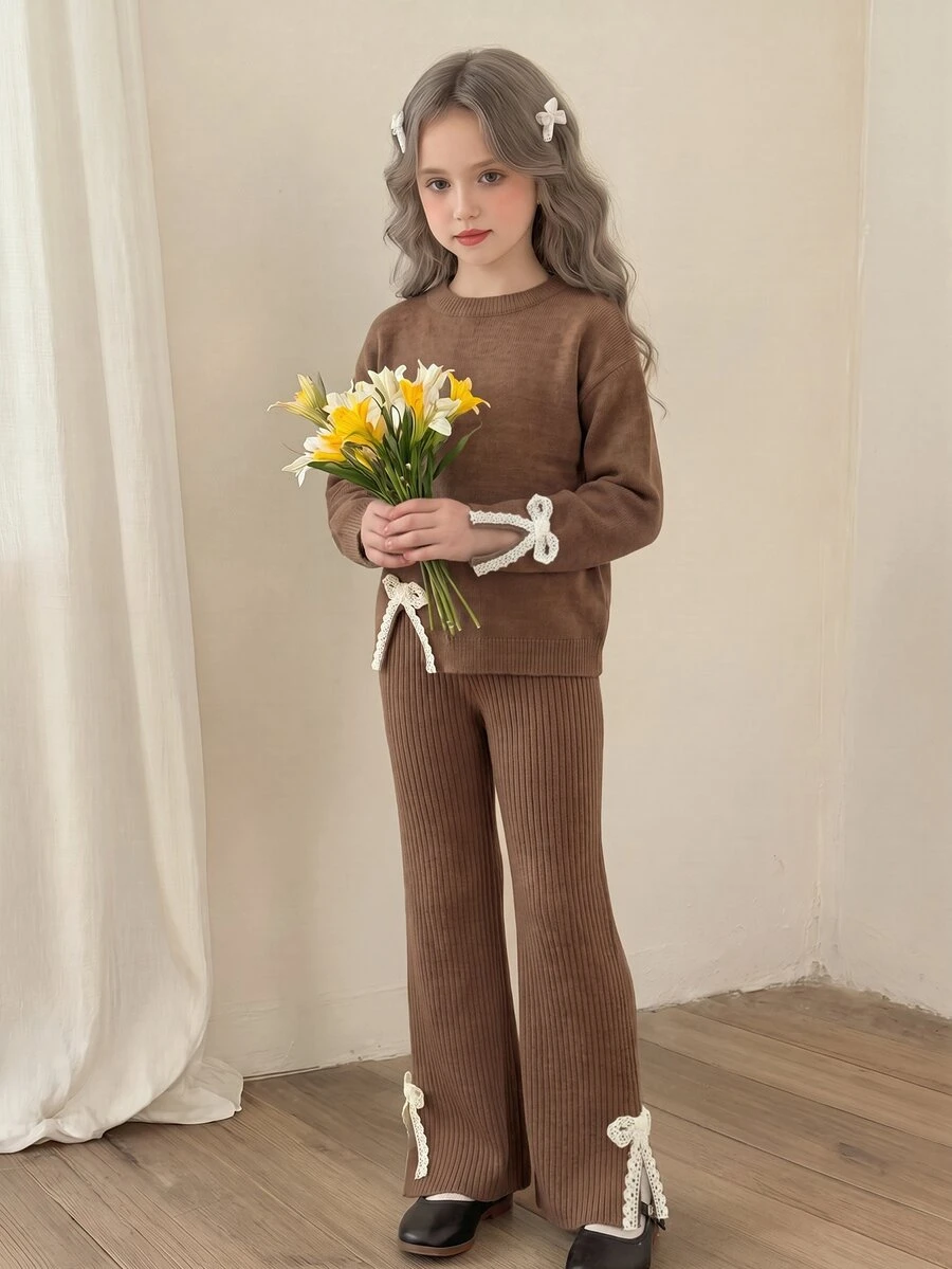 SHEIN 2pcs Tween Girls Sweater Set, Cute Elegant Lace Bow Pattern Knitted Pullover Round Neck Long Sleeve Sweater, Versatile Straight Leg Split Hem Pants, Autumn/Winter - Brown - View 1