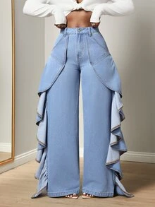 BamGleam Festival Size Denim Women's Blue Non-Stretch Slim Fit Ruffle Hem Straight Leg Pants - Light Wash - View 5