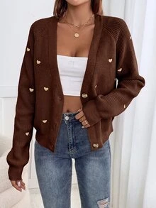 SHEIN Frenchy 女款愛心刺繡V領開襟衫，長袖上衣，情人節 - 棕色 - 查看 3