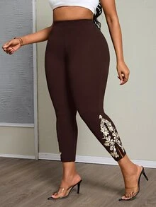 SHEIN PETITE CURVE 大尺碼刺繡高腰極簡修身長褲，休閒日常穿著，秋季 - 咖啡棕 - 查看 5