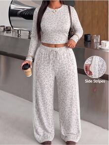 Muchica Plus Size Women Leopard Print Long Sleeve Top And Pants Casual Daily 2 Pieces Set - Multicolor - View 1