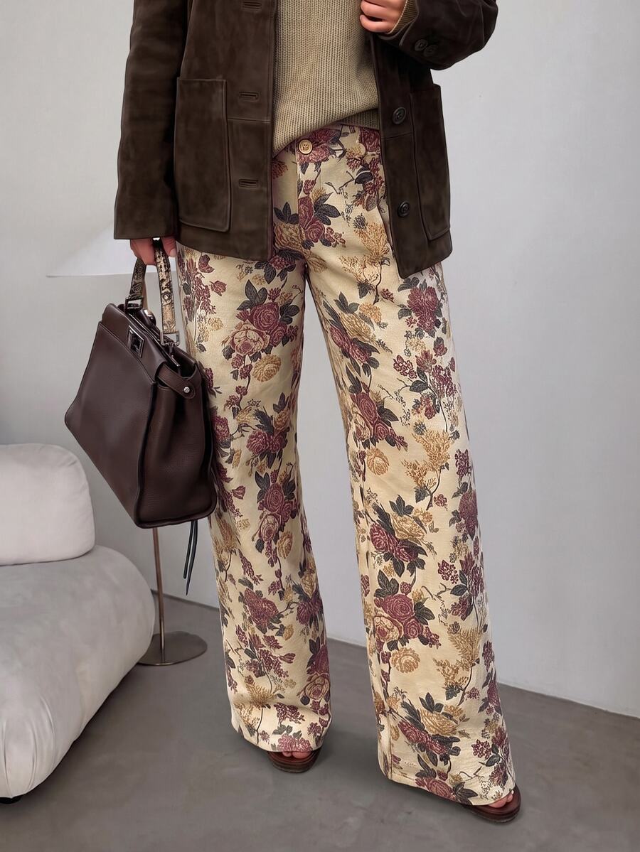 Lavishia Women's Elegant Vintage Printed Long Pants, Suitable For Autumn/Winter Outdoor Wear - Khaki - View 1