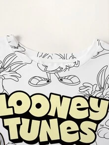 LOONEY TUNES X SHEIN Plus Size Women's Letter Cartoon Print Round Neck Short Sleeve Casual T-Shirt - White - View 4
