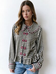 Nöista Women's Plaid Casual Versatile Daily Wear Shirt - Black and White - View 4